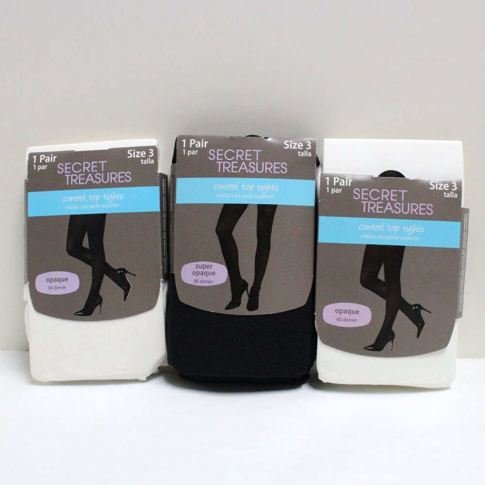 3 Pair Secret Treasures Women's Control Top Size 3 Tights - 2 White, 1 Black